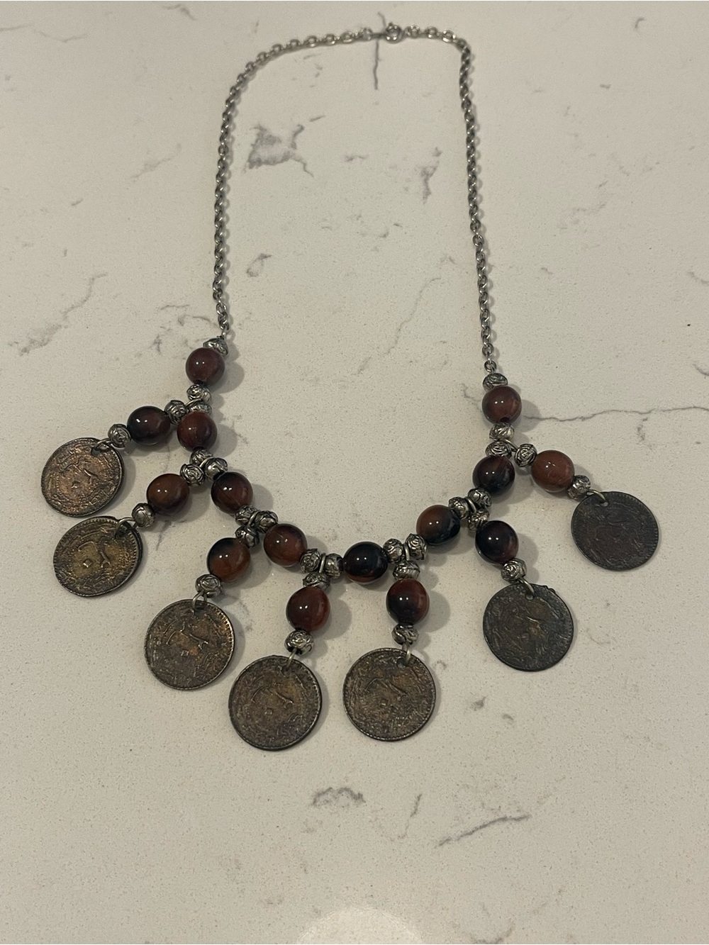 Bohemian Coin Pendant Necklace with Brown Beads